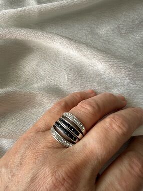 Sterling Silver Multi-Band Ring with Black and Clear Stones - Women Jewelry